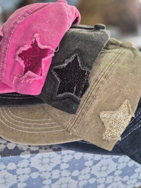 Star Denim Adjustable Baseball Caps w Ponytail Opening